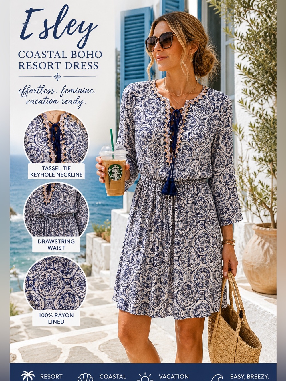 Esley Blue White Mediterranean Tile Print Tassel Boho Resort Dress Lined Size M